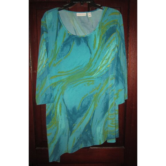 Susan Graver Plus 1X Stretch Tunic Top Blouse Shirt Lagenlook Artsy Teal Print - Picture 1 of 2